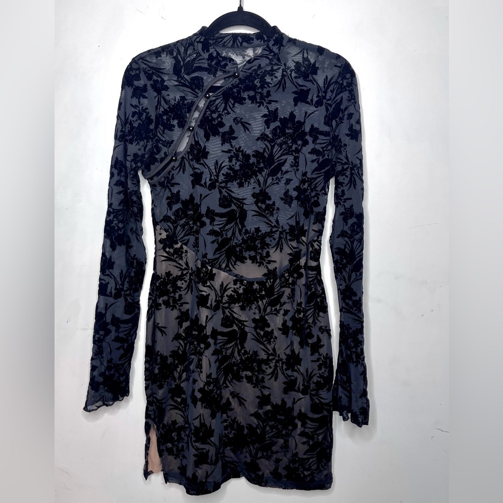 Floral Long-Sleeve Black Mini Dress
